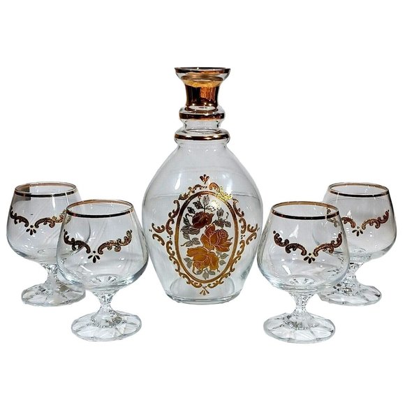 Antique Gold Rose Opaline Bohemian Art Glass Cordial Decanter & 4 Liqu… - Picture 4 of 9
